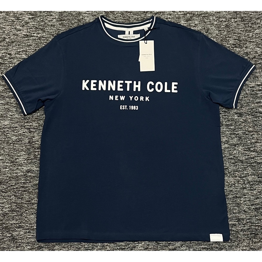 Kenneth Cole New York Mens Legion Blue Graphic Logo T-Shirt Tipped Trim L NEW